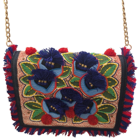 Tori BURCH Embroidered Multicolor Fringe Bag PURSE flaw - Picture 4 of 17